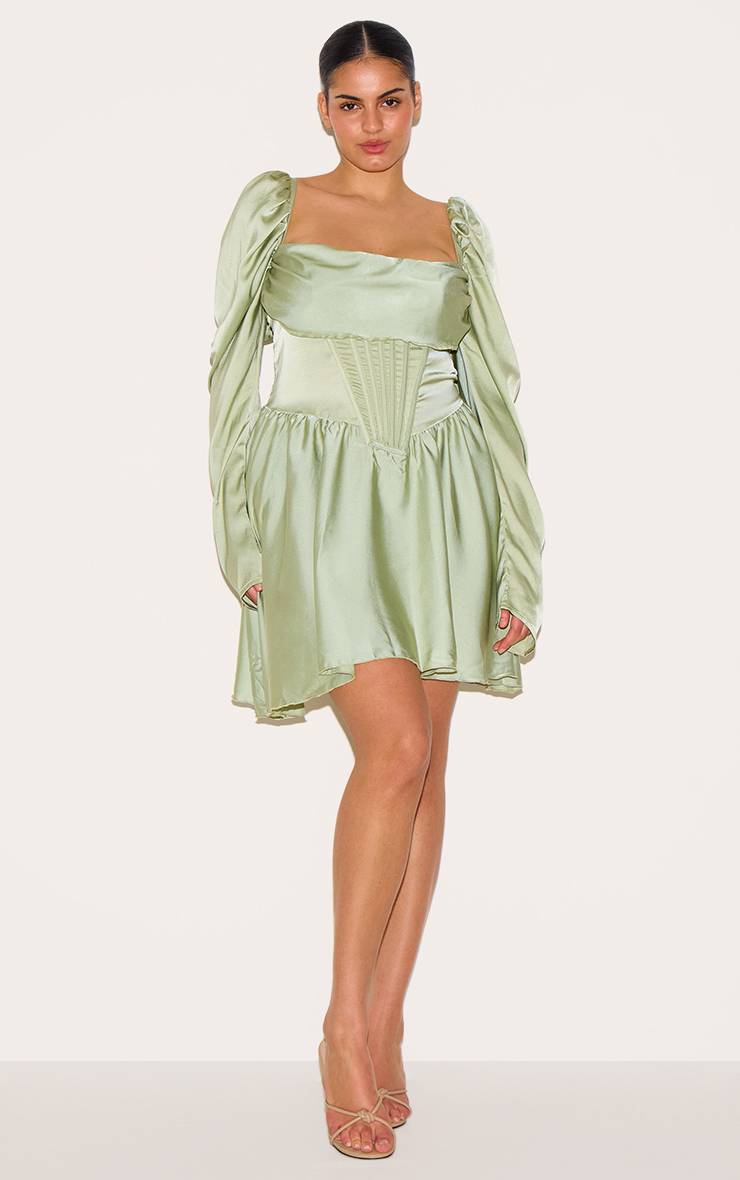 Vert Sauge Robe Droite Bouffante Grande Taille En Satin Avec Détail Corset