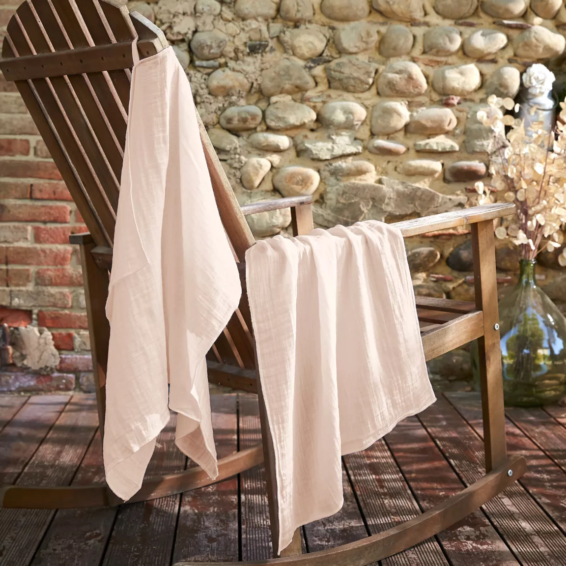 Lot de 2 essuie-mains gaze de coton (70 cm) Gaïa Rose poudré