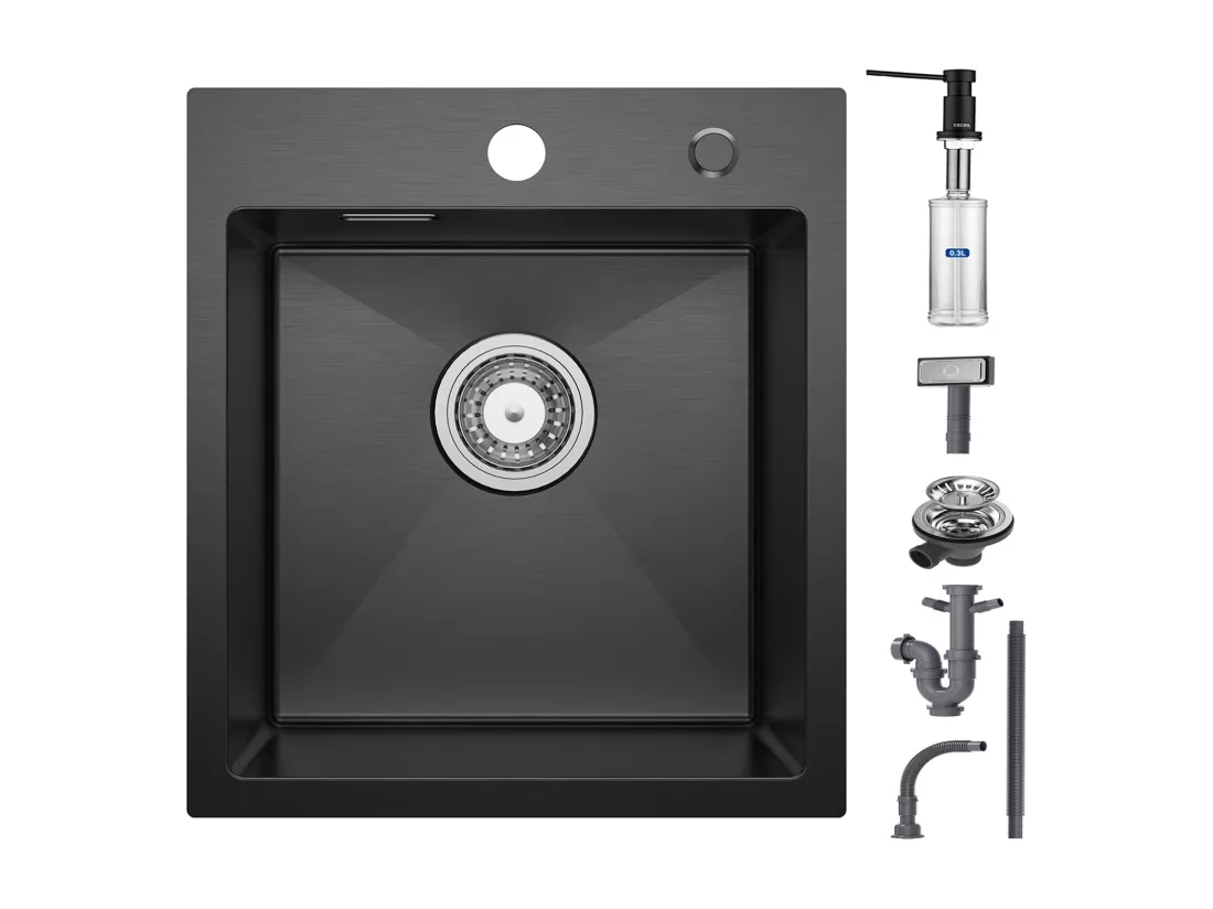 Cecipa max Evier Cuisine 1 Bac Noir 40*45*19CM - Évier Inox 1 Cuve + Distributeur de Savon de Cuisine Noir