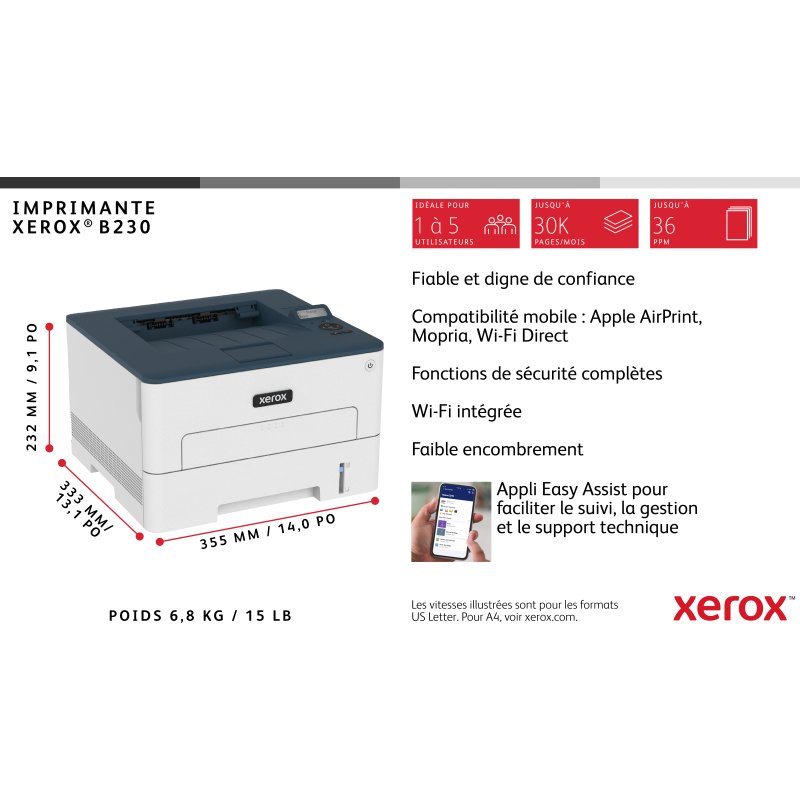 Xerox B230 Imprimante recto verso sans fil A4 34 ppm, PCL5e/6, 2 magasins Total 251 feuilles
