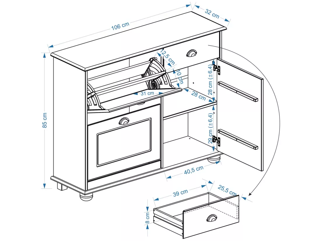 Meuble à chaussures COLMAR armoire rangement avec 2 abattants 1 tiroir et 1 porte avec 1 étagère, en pin massif lasuré blanc et brun
