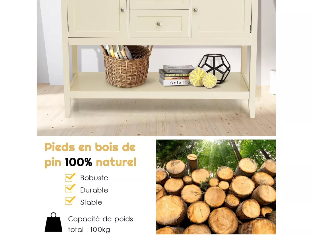 Buffet cuisine, 2 armoires à portes, 2 tiroirs, étagère de rangement, 117 x 38 x 86,5 cm