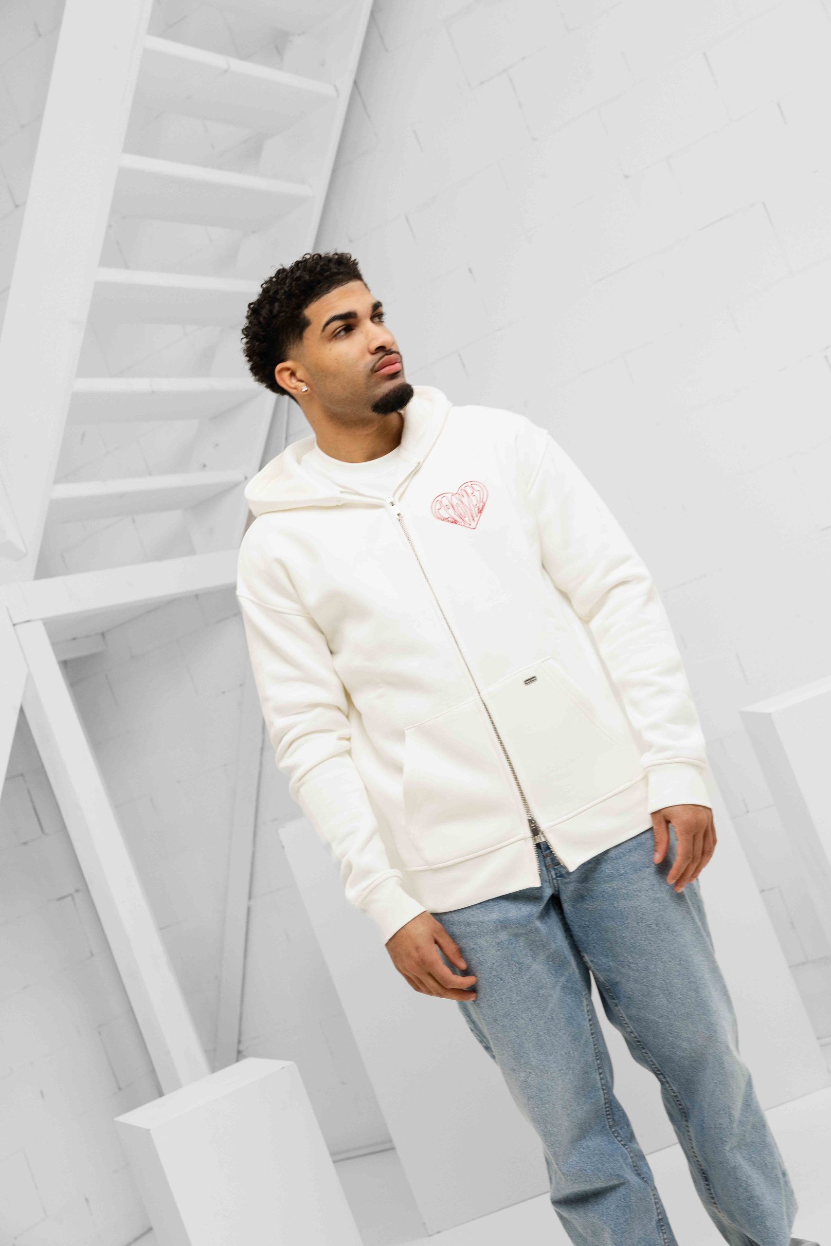 Croyez Stitched Heart Zip Hoodie Heren Gebroken Wit