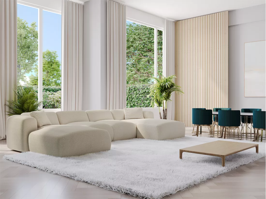 Grand canapé d'angle panoramique en tissu beige POGNI de Maison Céphy