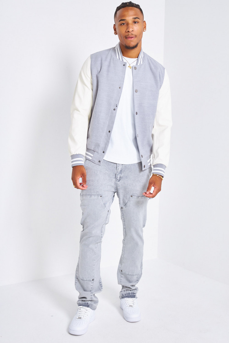 Bomber gris en simili cuir et laine