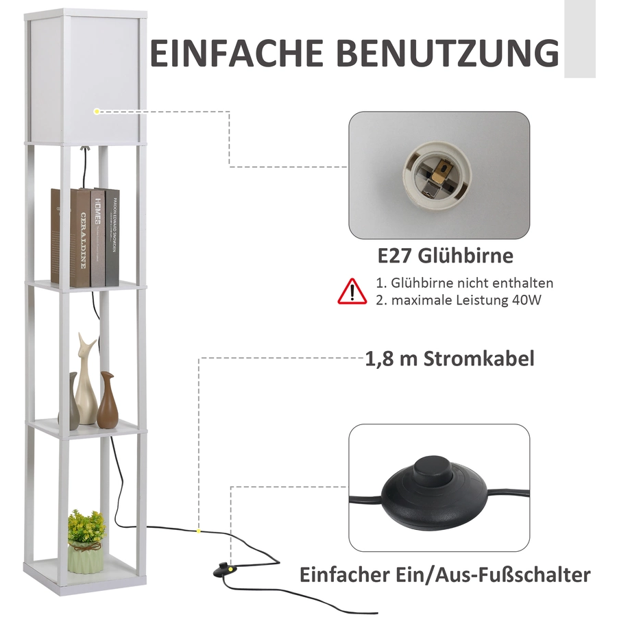 HOMCOM Stehleuchte mit Regalböden weiß