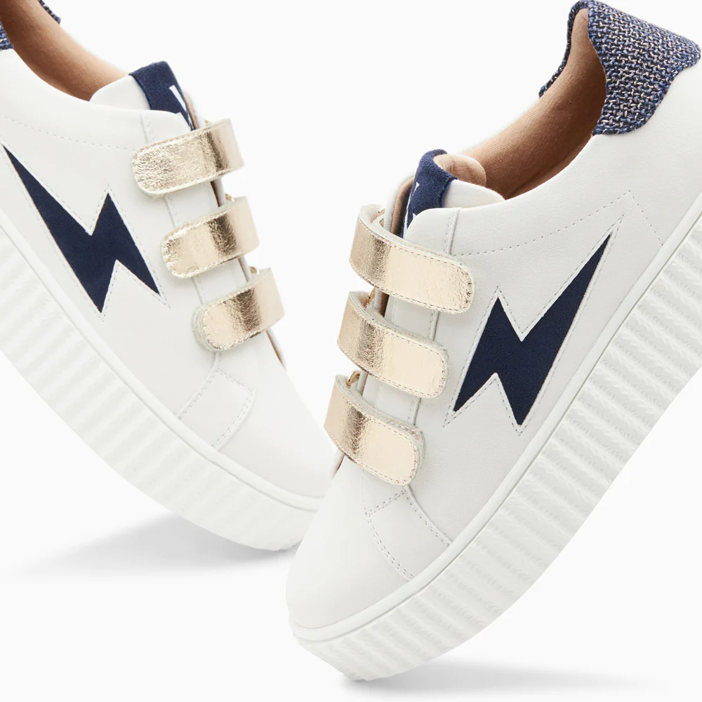 Sneakers-Baskets éclair Pomeline blanc et bleu à scratchs or
