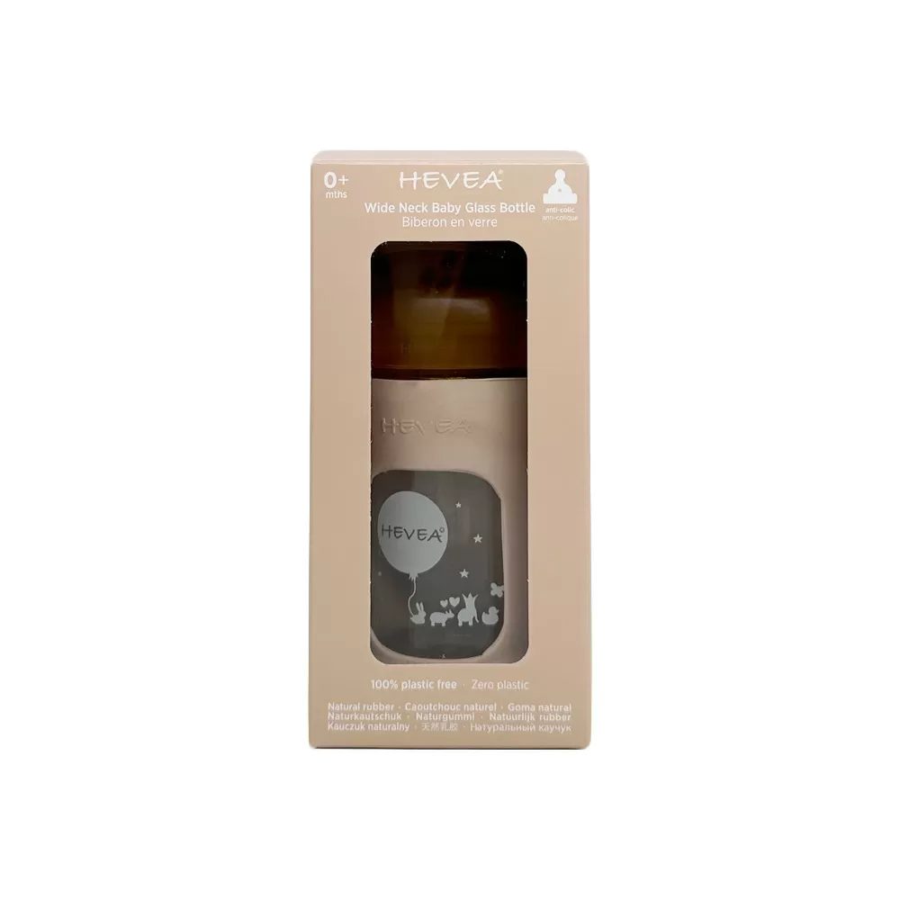 Hevea Glas Sutteflaske Wide Neck med Sleeve 150 ml, Sand - 1 stk.