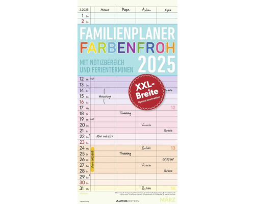 Familieplanner, kleurrijk, 4 kolommen, 2025, 22x45 cm