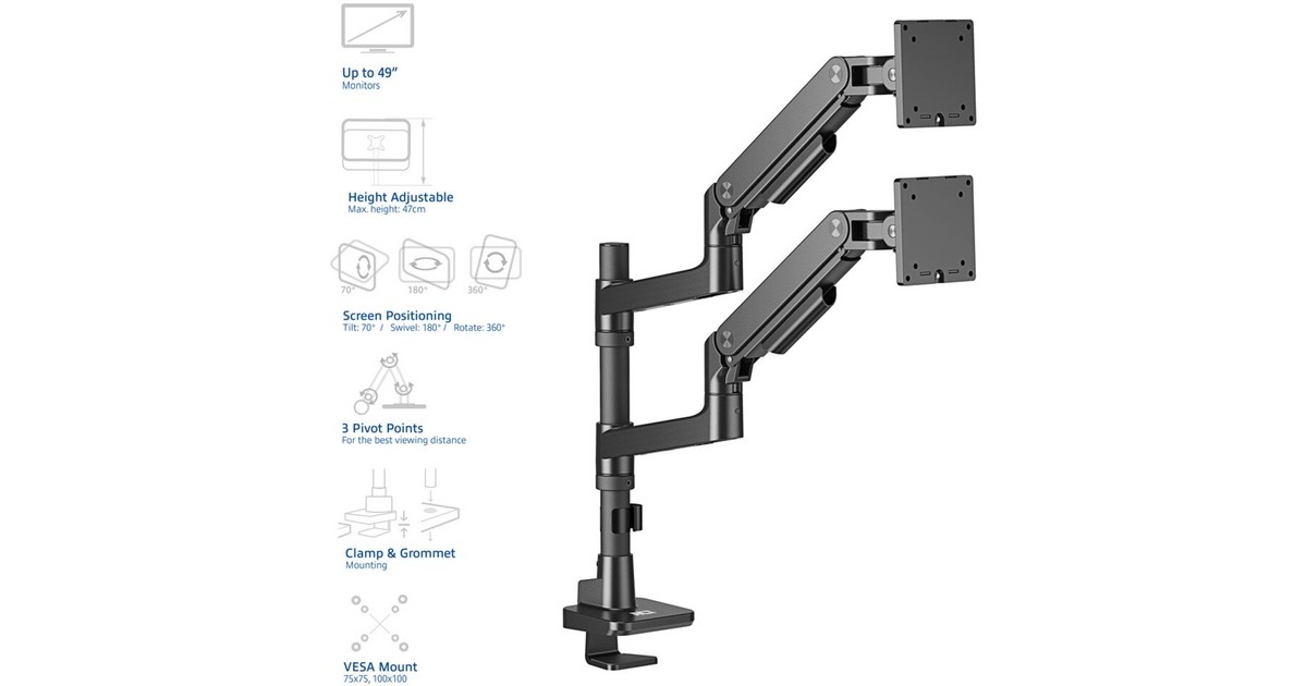 ACT ConnectivityMonitorarm office premium, gasveer, paalbevestiging, 2 monitoren  (Zwart)