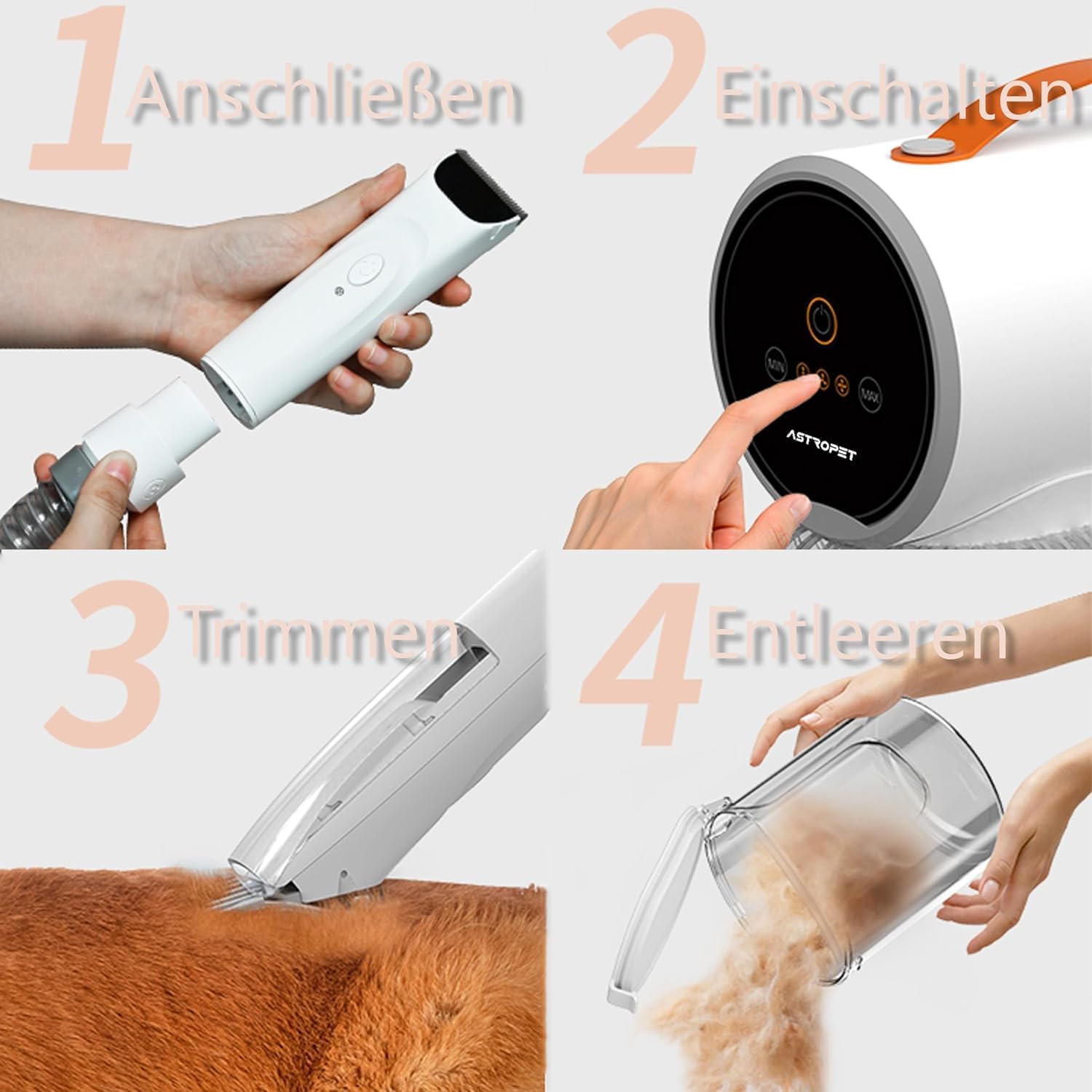 AstroPet elektronische Hundeschermaschine mit Staubsauger, Leise Schermaschine mit 5 Pflegewerkzeugen für Hunde und Katzen, 2 l Staubbehälter