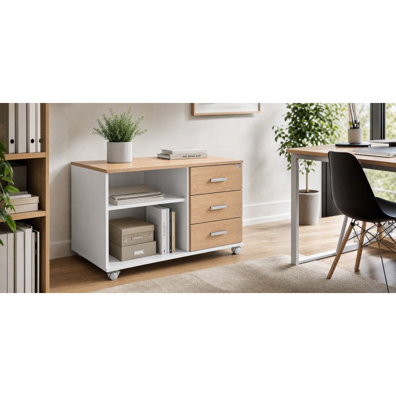 Console mobile Intuitiv' L 100 cm 3 tiroirs blanc - chêne clair