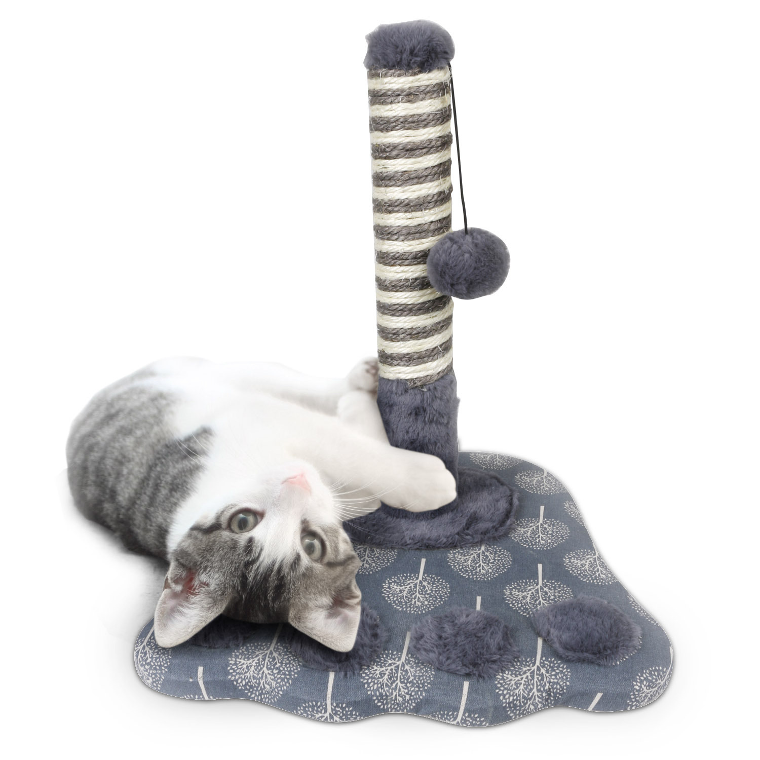 Arranhador para gatos Nobleza com poste de sisal e brinquedos pendurados. Cinza. 36*36*40cm