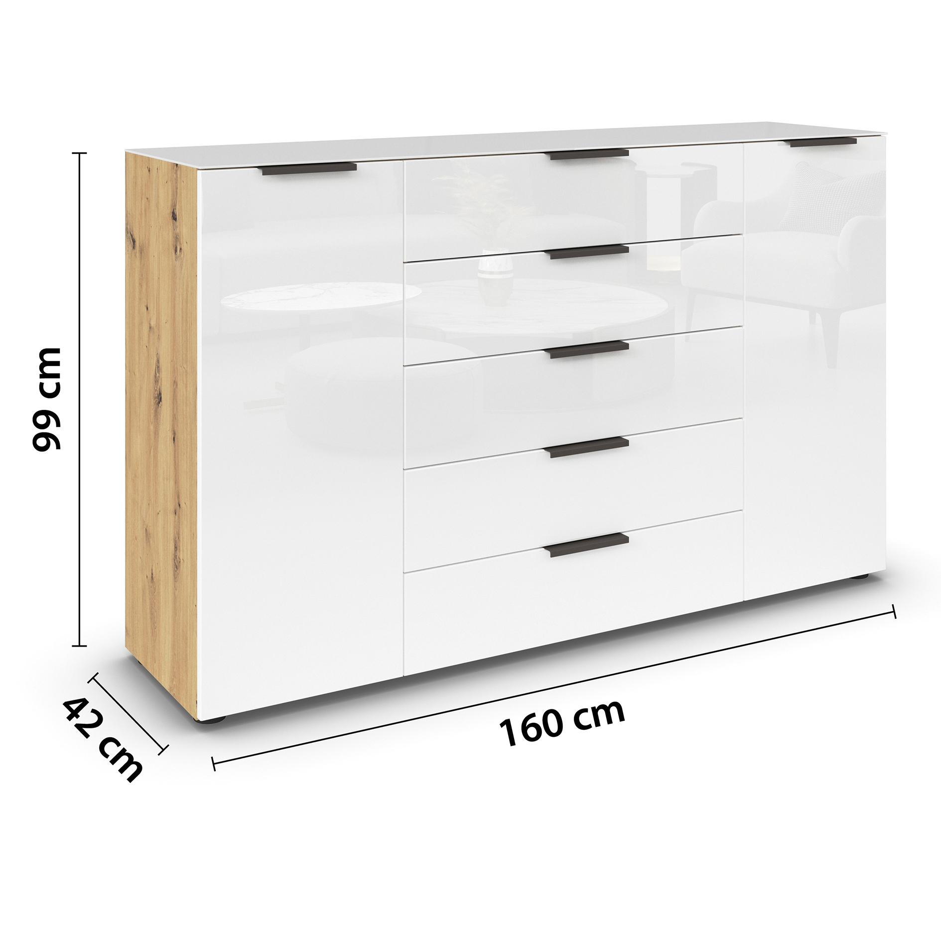 Kommode - Artisan Eiche-Kristallweißglas - Graphitgriffe - 160 cm