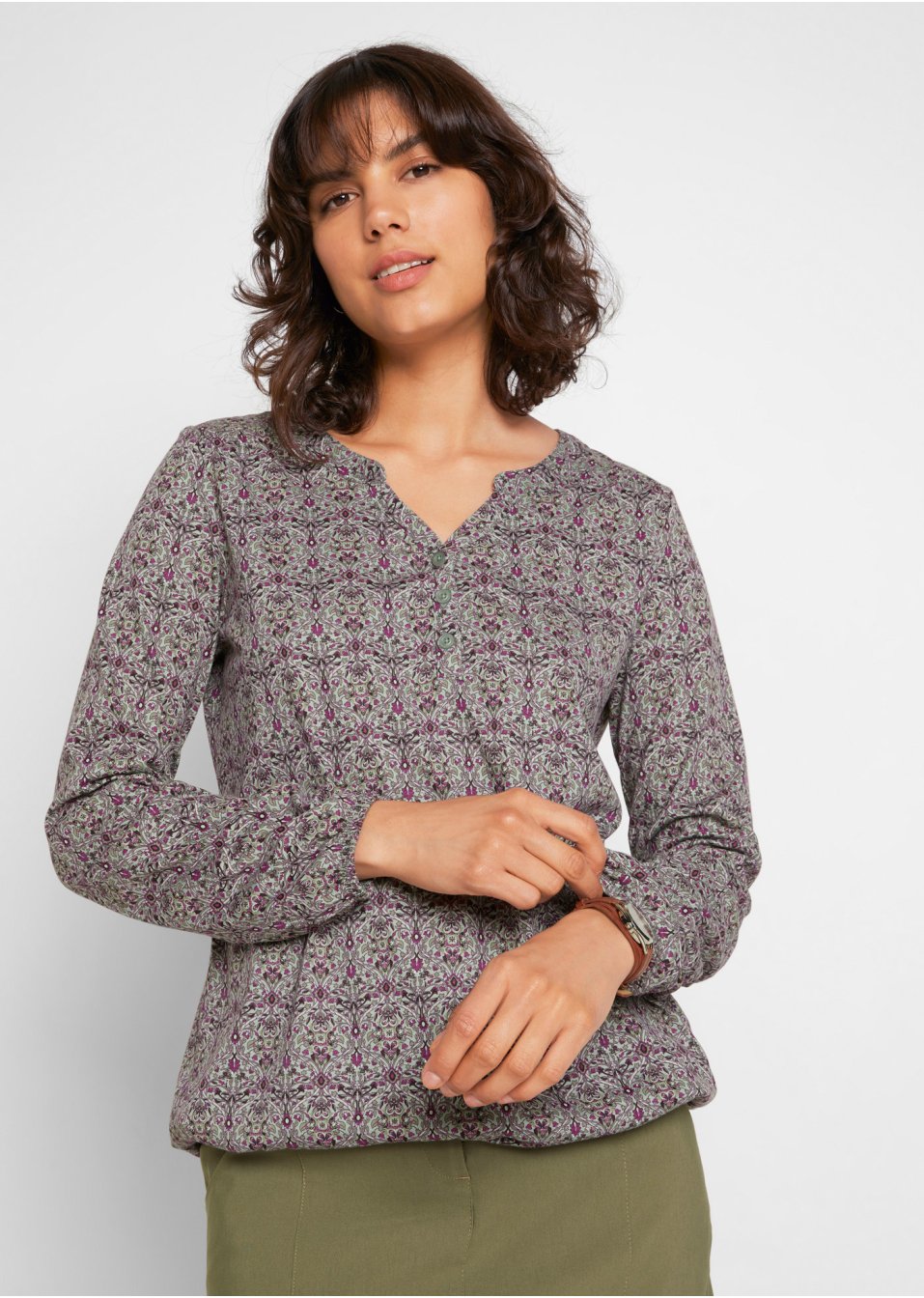 T-shirt manches longues imprimé avec col Henley