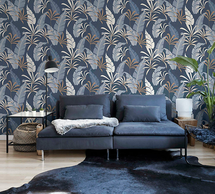 Papier peint intissé Selago Arthouse feuilles bleu