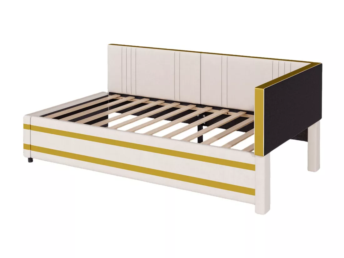 Lit banquette 90x200cm en velours - avec sommier à lattes - Beige (matelas non inclus)