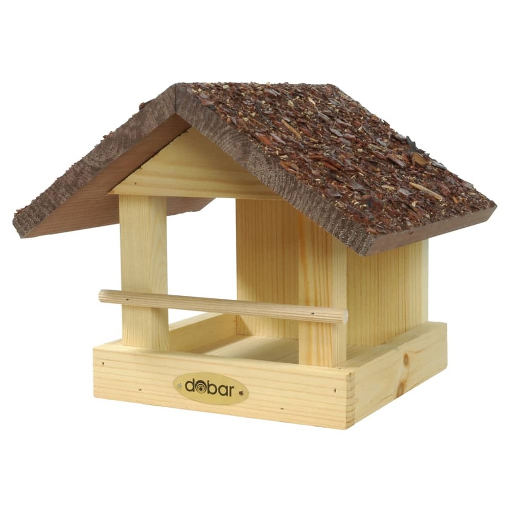 Mangeoire à oiseaux en forme de maison avec toit en écorce