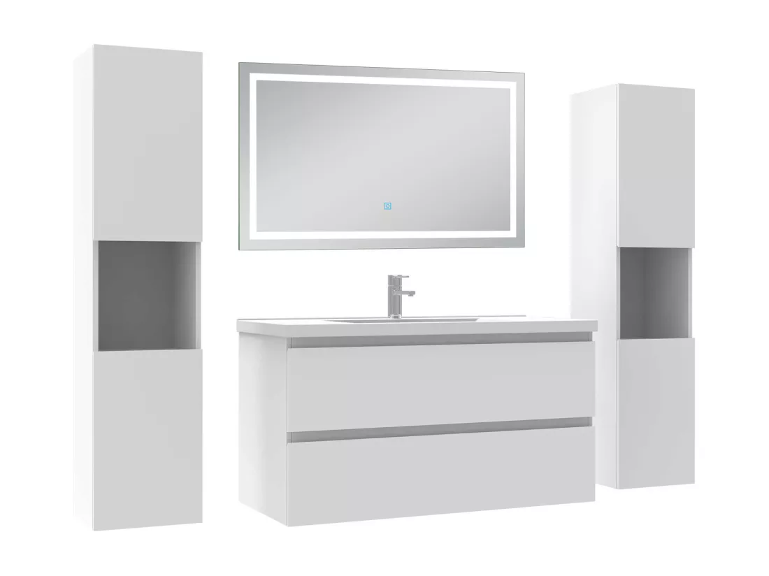 Ensemble meubles Salle de Bain 100cm avec colonne et miroir lumineux 3 couleurs et dimmable blanc