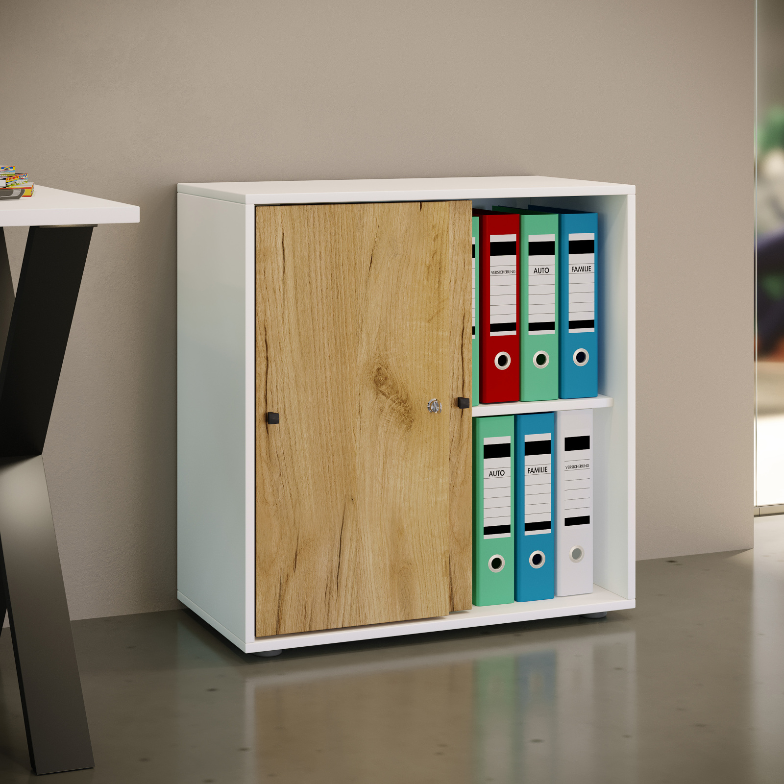 Büroschrank LONA L - Honig Eiche - weiß - mit Schiebetüren - 74 cm hoch