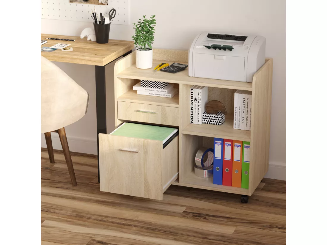 Vinsetto Support d'imprimante - caisson organiseur bureau - 3 niches, 2 tiroirs, grand plateau - panneaux particules chêne clair