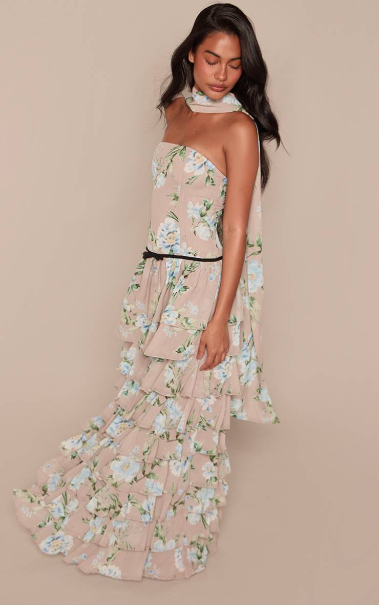 Taupe Robe Longue À Volants Étagés Et Bandeau En Mousseline À Imprimé Fleuri