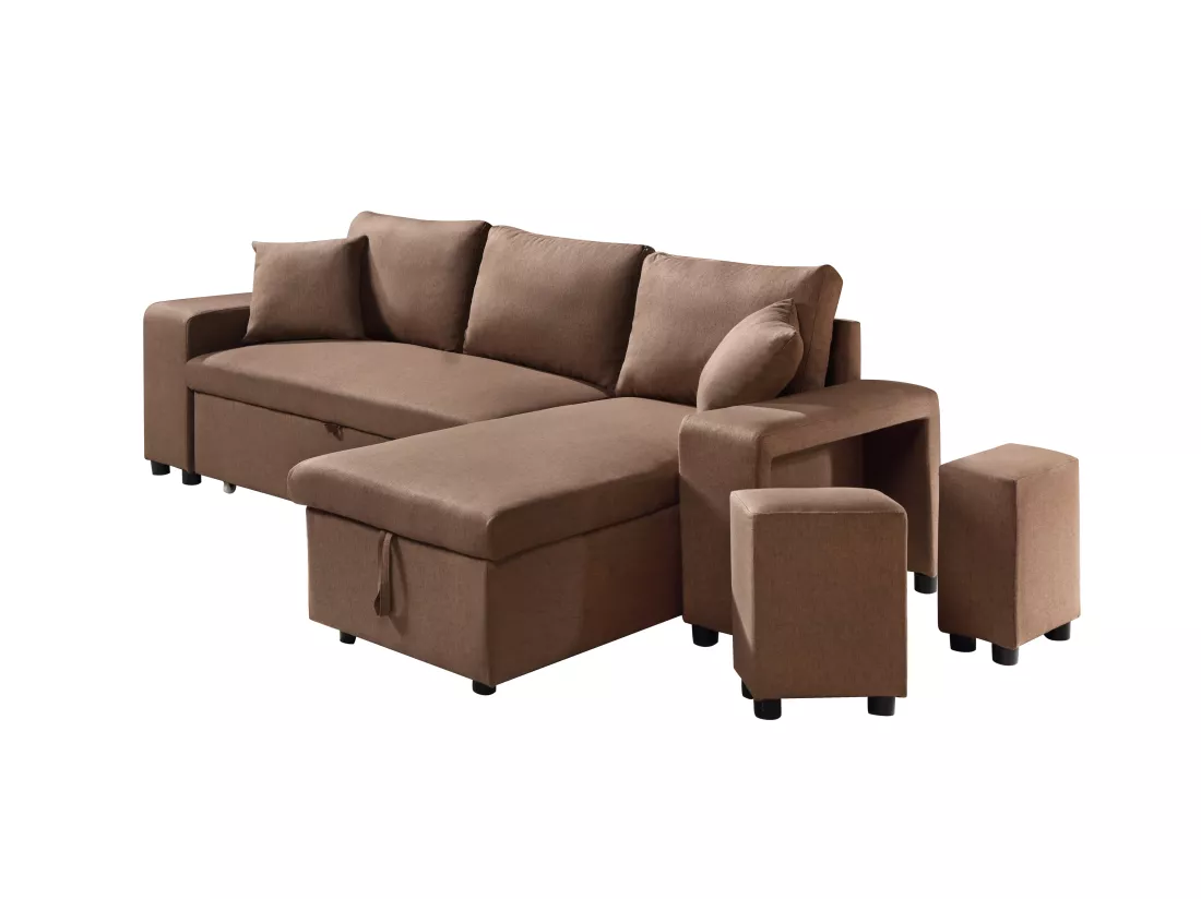 Canapé d'angle convertible et réversible en tissu avec coffre de rangement et poufs marron SELIM