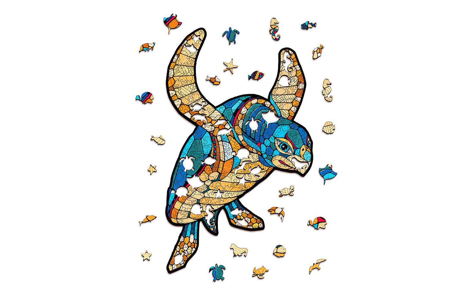 Holz-Puzzle Schildkröte 150 TeileFarbenfrohes klassisches Holzpuzzle mit ungewöhnlichen Teilen