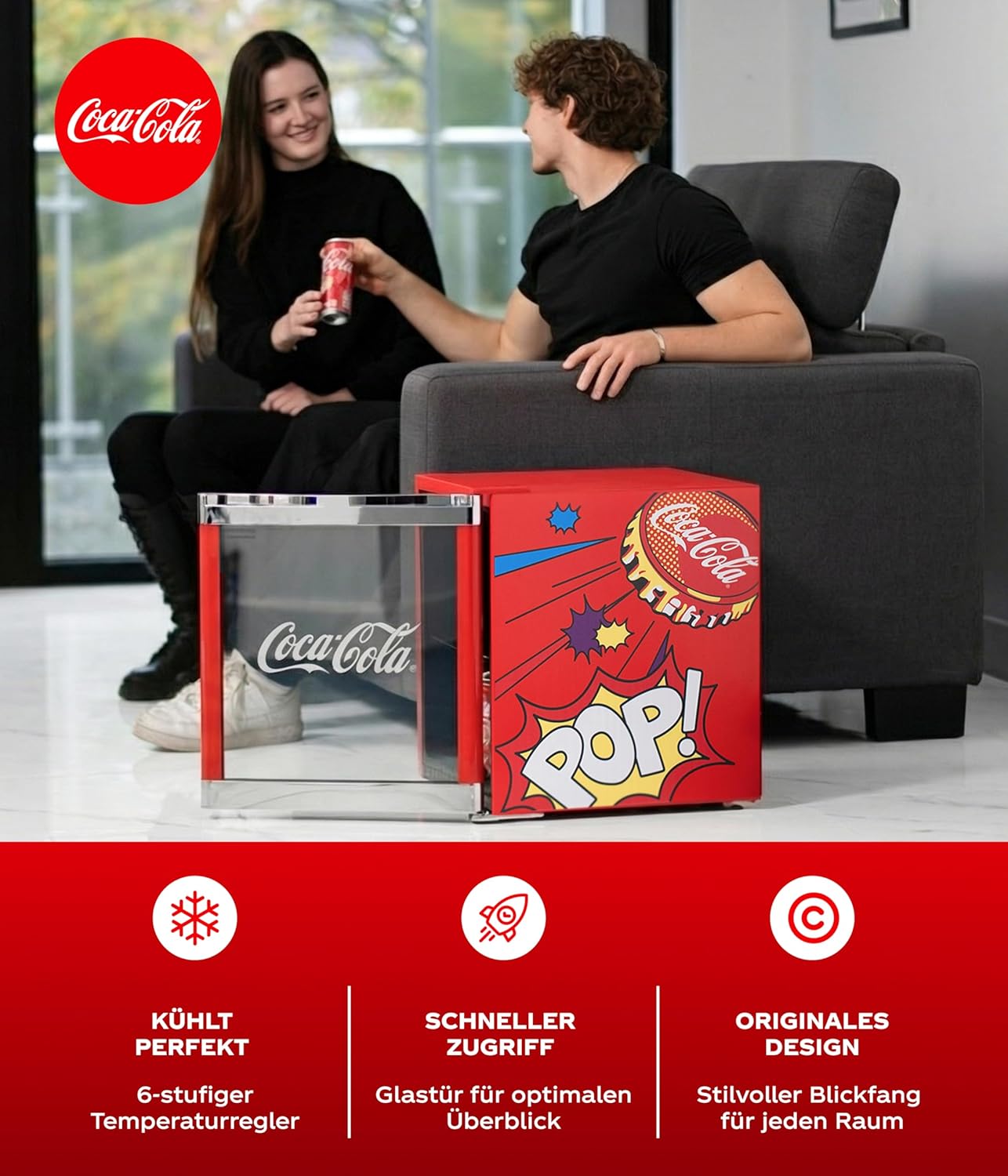 CUBES Original Coca-Cola PopArt Mini Kühlschrank Rot (48L) - Getränkekühlschrank mit Glastür, leise & energieeffizient - Perfekt für Büro, Partys & Gaming - Cooler Flaschenkühlschrank - Für Getränke