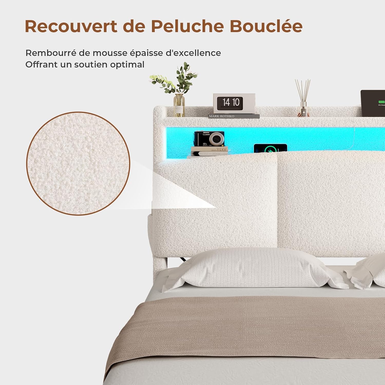 AOGLLATI Polsterbett 140×200 mit Steckdosen und LED-Beleuchtung, Doppelbett mit Stauraum Kopfteil, Bett 140×200 mit Hydraulische Metallrahmen und Lattenrost aus Holz, Bouclé, Beige（Ohne Matratze）