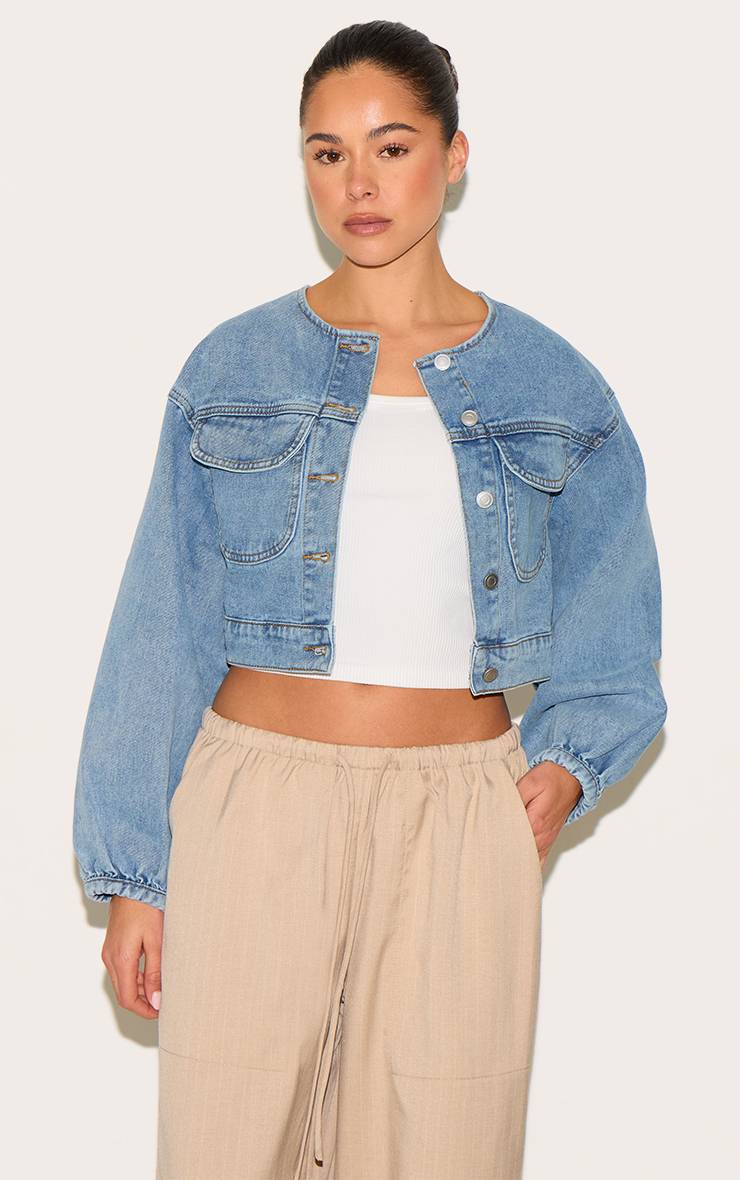 Mid Blue Wash Veste En Jean Courte Col Rond