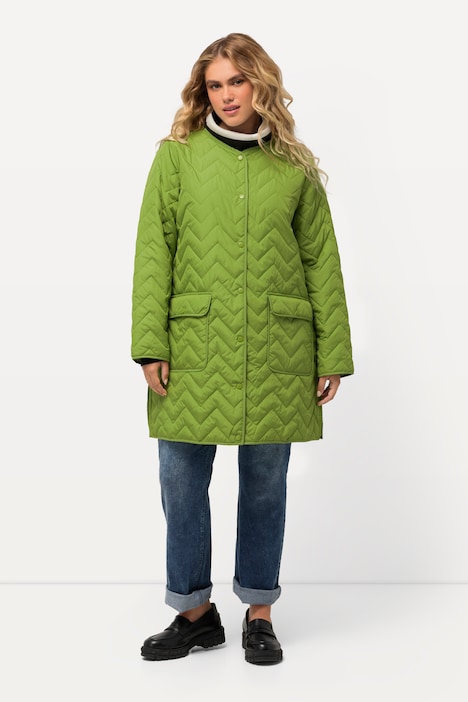 Long-Steppjacke, Zackenstepp, Rundhals, Druckknöpfe