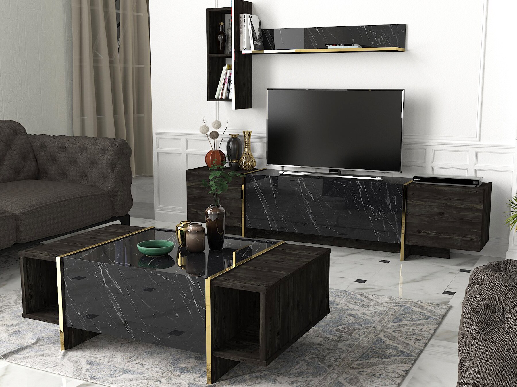 Couchtisch Veyron Rebab Braun Dunkelgrau ( Marmor Optik )