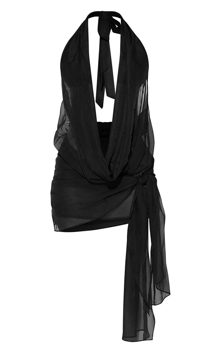 Noir Robe De Plage Mini En Mousseline Effet Soie Avec Col Bénitier Et Liens Latéraux