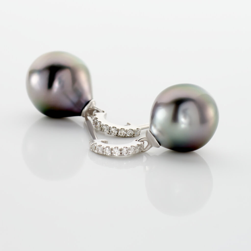 Boucles D'oreilles Puces Gatiene Or Blanc Perle De Culture Et Diamant