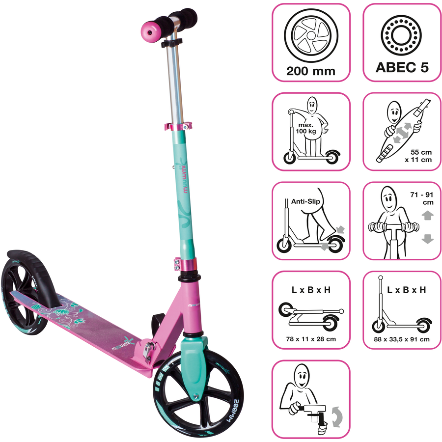 muuwmi Aluminium Scooter 200 mm pink-türkis