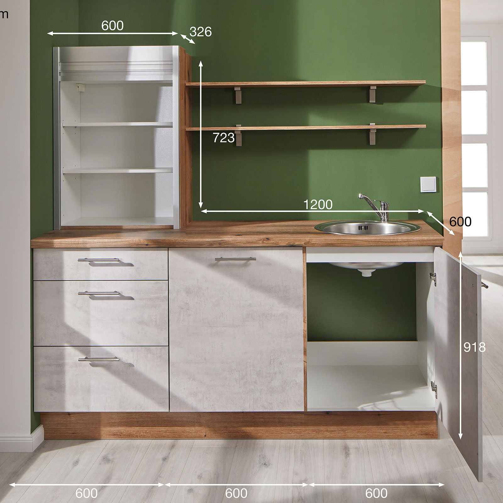 Küchenblock - Beton-weißgrau - Evoke Eiche - mit E-Gerät - 180 cm