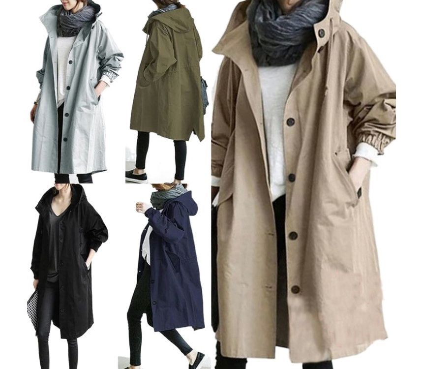 Rred - Effen trenchcoat met capuchon en één rij knopen