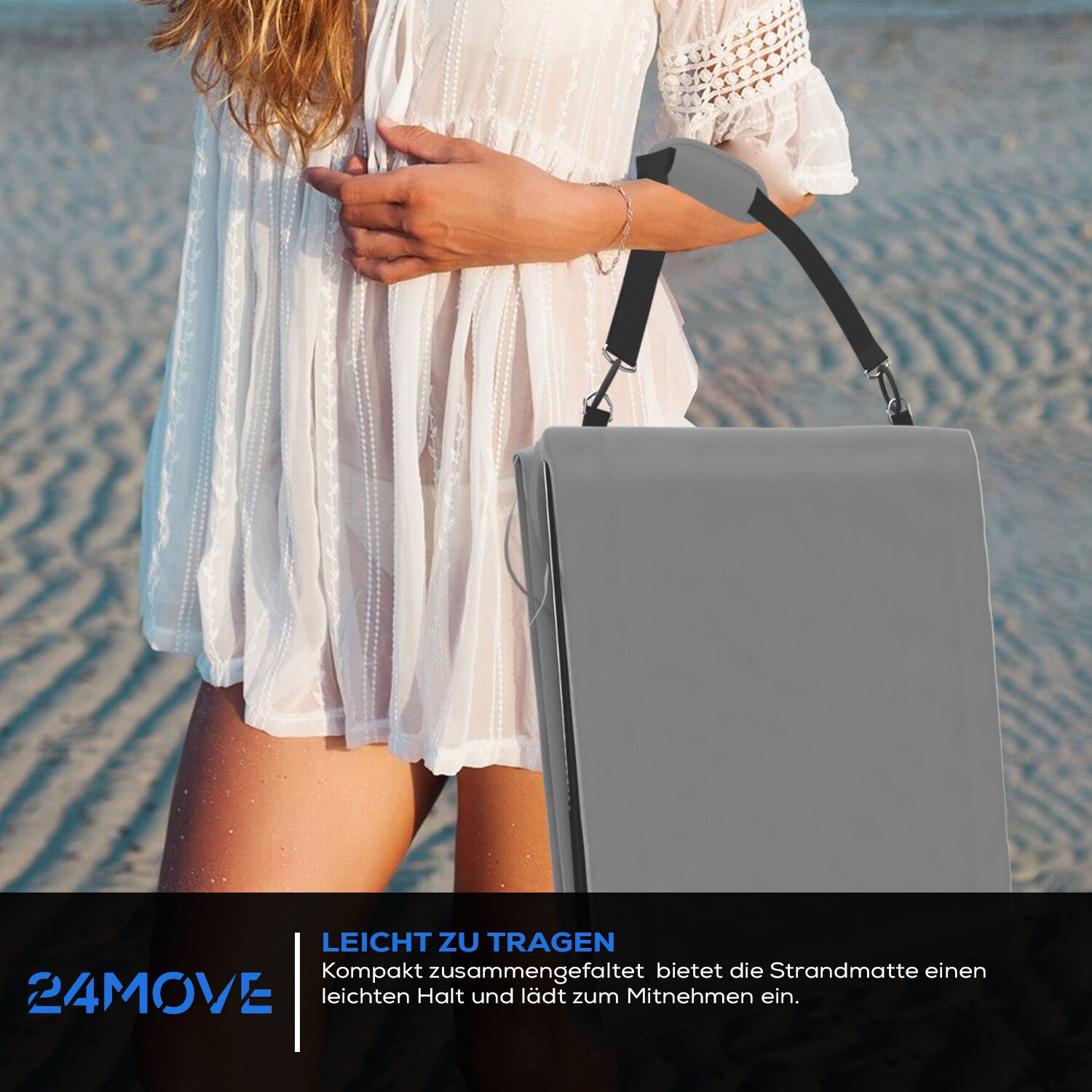 24MOVE® Strandmatte 1er Set klappbar mit Rückenlehne, Strandliege mit Gurt, tragbar für Strand und Garten, Liegematte grau