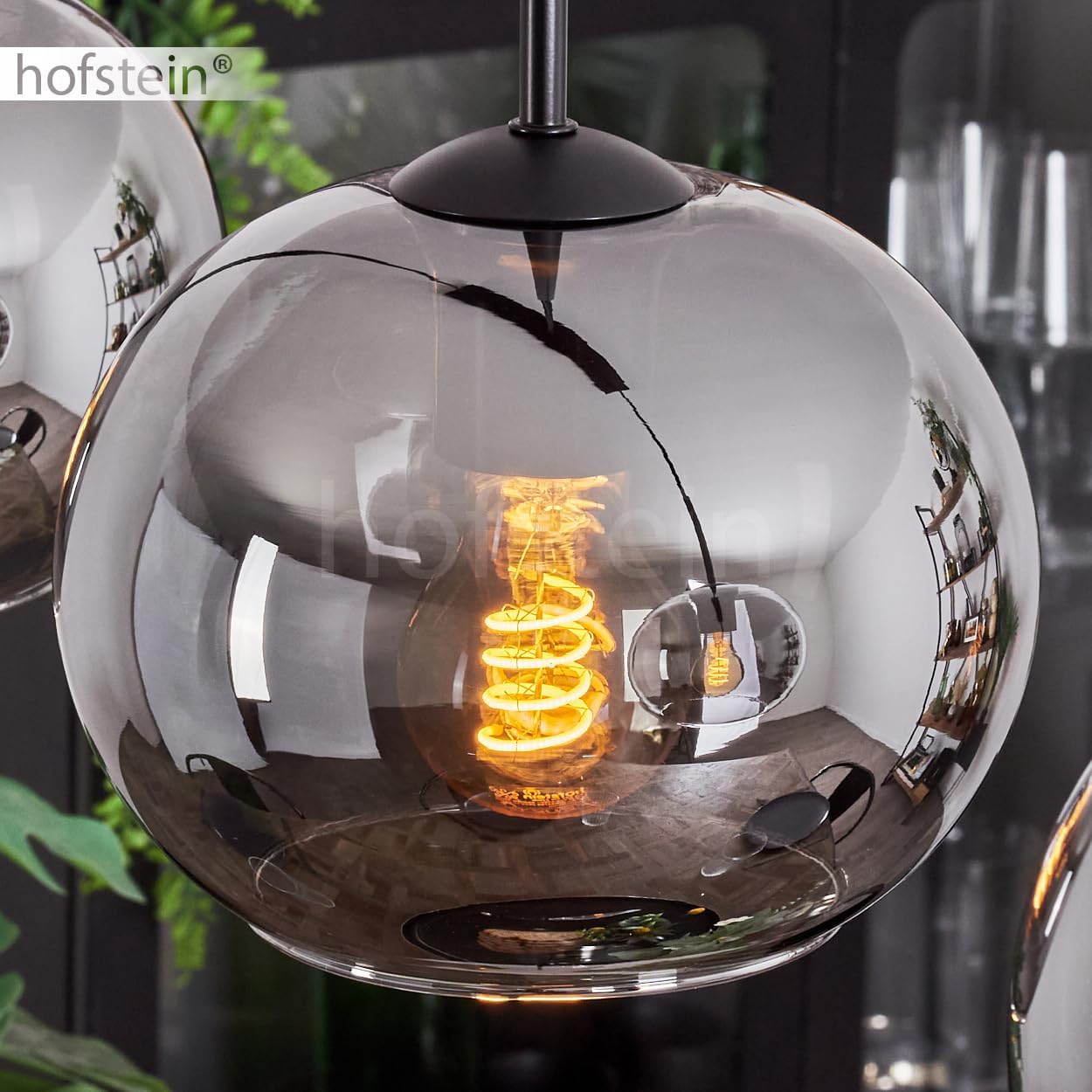 Hängeleuchte Apedo, Hängelampe aus Metall/Glas in Schwarz/Rauchfarben, Leuchte im Vintage/Retro Design mit Schirmen aus Glas (Ø 20 cm), Höhe max. 147,5 cm, 4 x E27, ohne Leuchtmittel