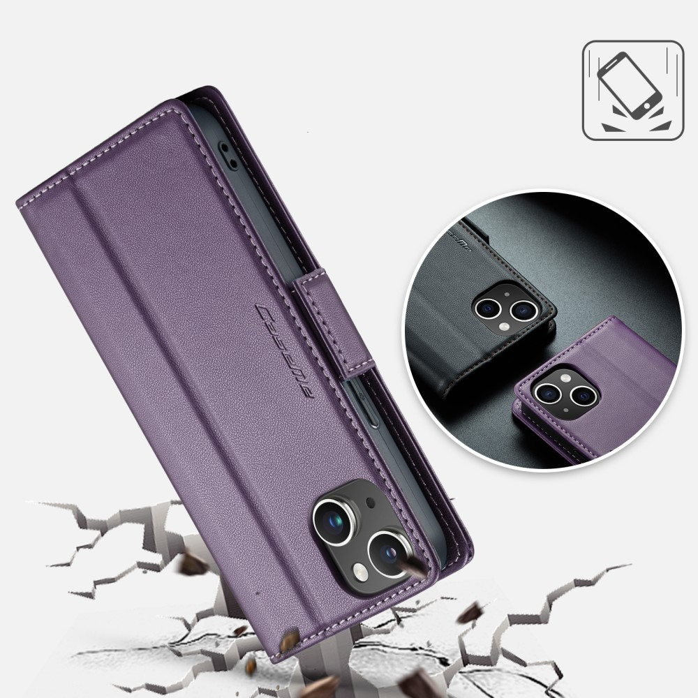iPhone 15 Leder Tasche Flip Wallet Etui mit Kartenfächern Litchi Look (RFID Schutz) - Violett