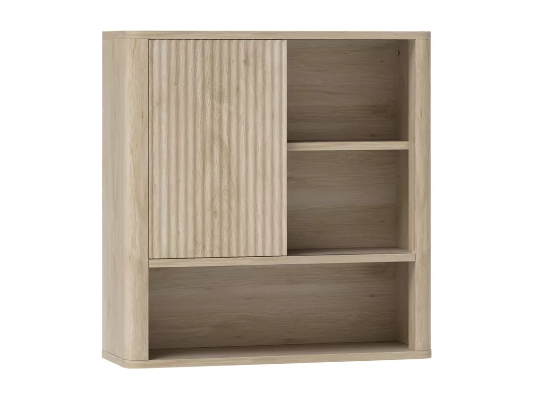Armoire murale de salle de bain style bohème chic - porte coulissante, étagère, niche - effet bois clair