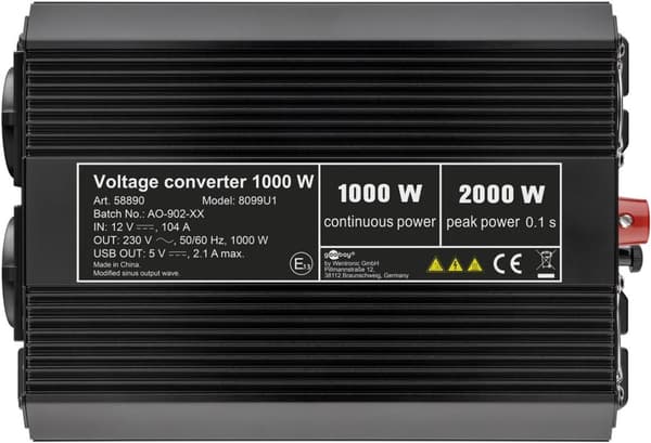 Goobay Spenningsomformer DC/AC (12 V - 230 V/1000 W) konverterer 12 V DC til 230 V AC
