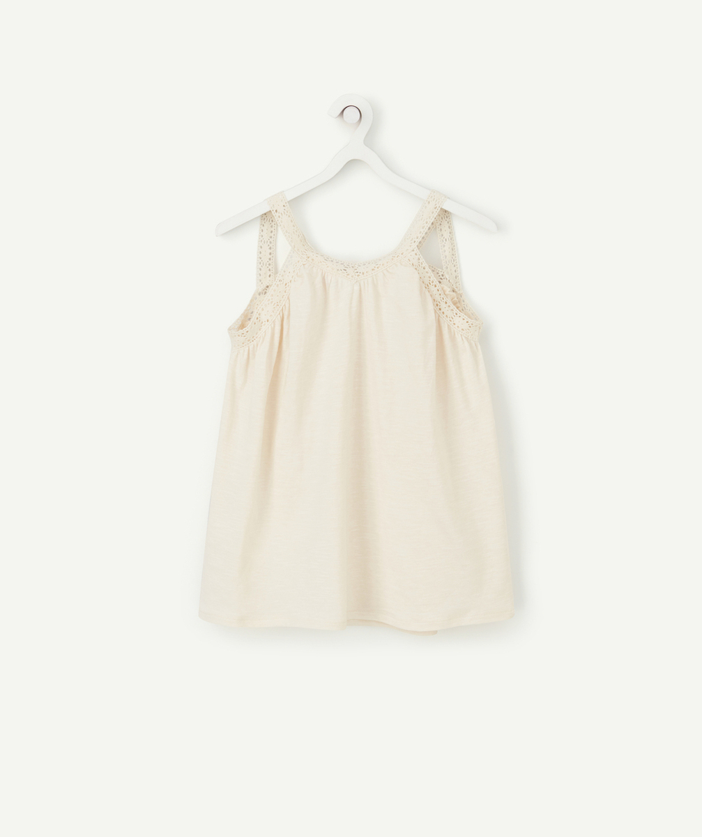 T-SHIRT À BRETELLES FILLE EN COTON BIO ÉCRU AVEC BRODERIES
