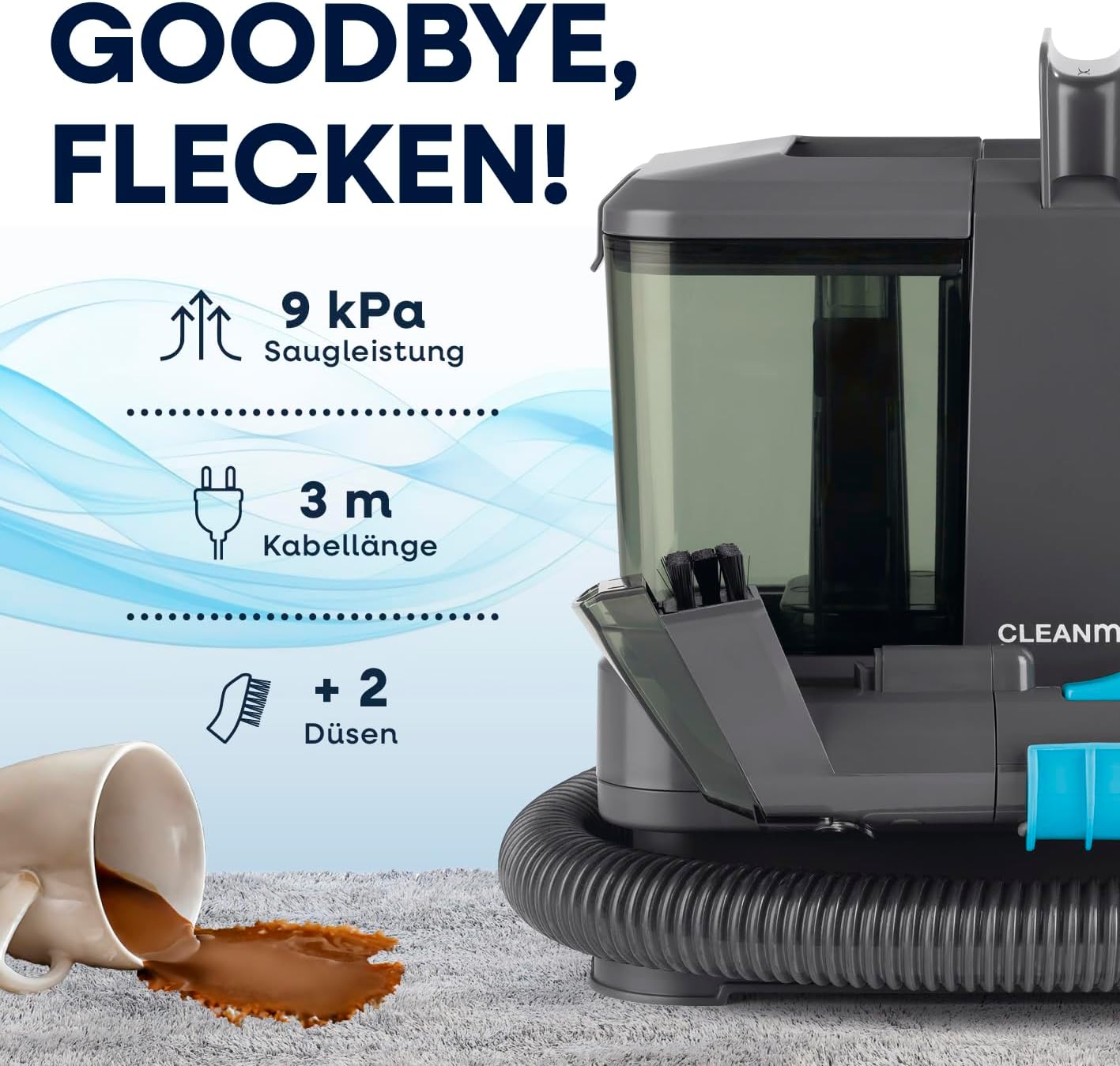 CLEANmaxx Polster- & Teppichreiniger Kompakt | 3-in-1 Waschsauger Gerät mit Doppeltank-System & Easy-Fill | Auch als Dampfreiniger, nass Trockensauger und Fleckenreiniger verwendbar