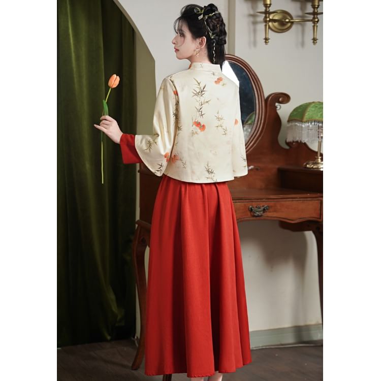 Fioridi - Hanfu-top met lange mouwen en bloemenprint en strik / Hoge taille effen midi-A-lijn rok