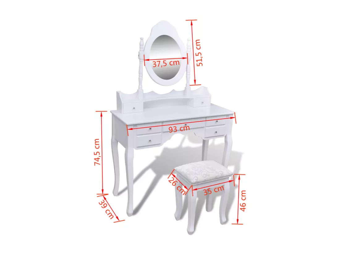 Coiffeuse avec miroir et tabouret 7 tiroirs Blanc
