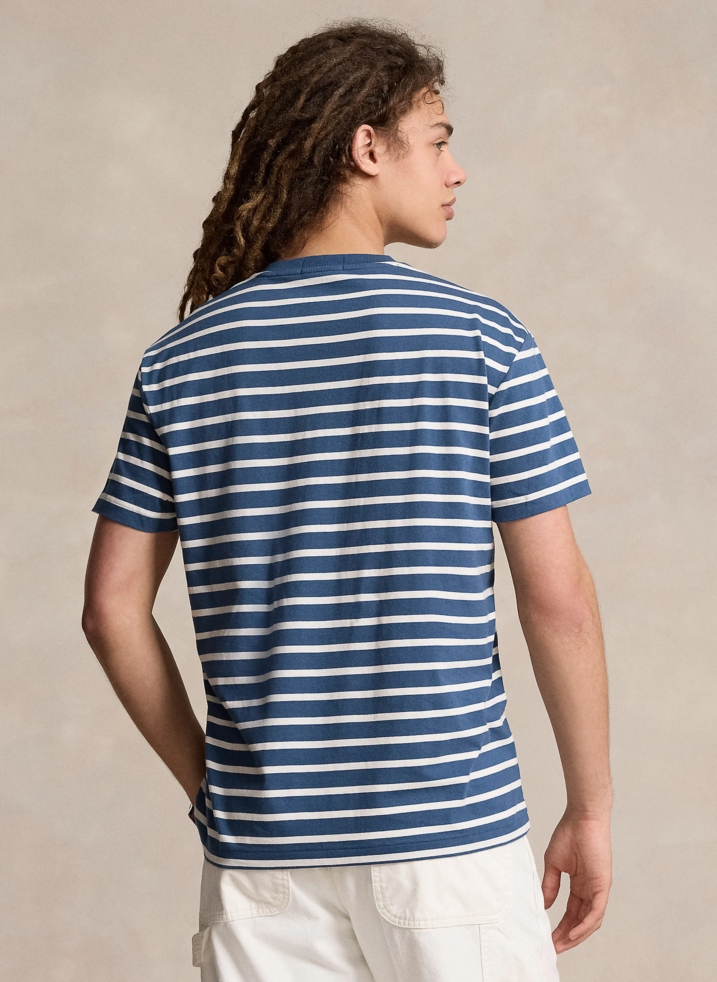 Tee-shirt col rond rayé brodé | Bleu