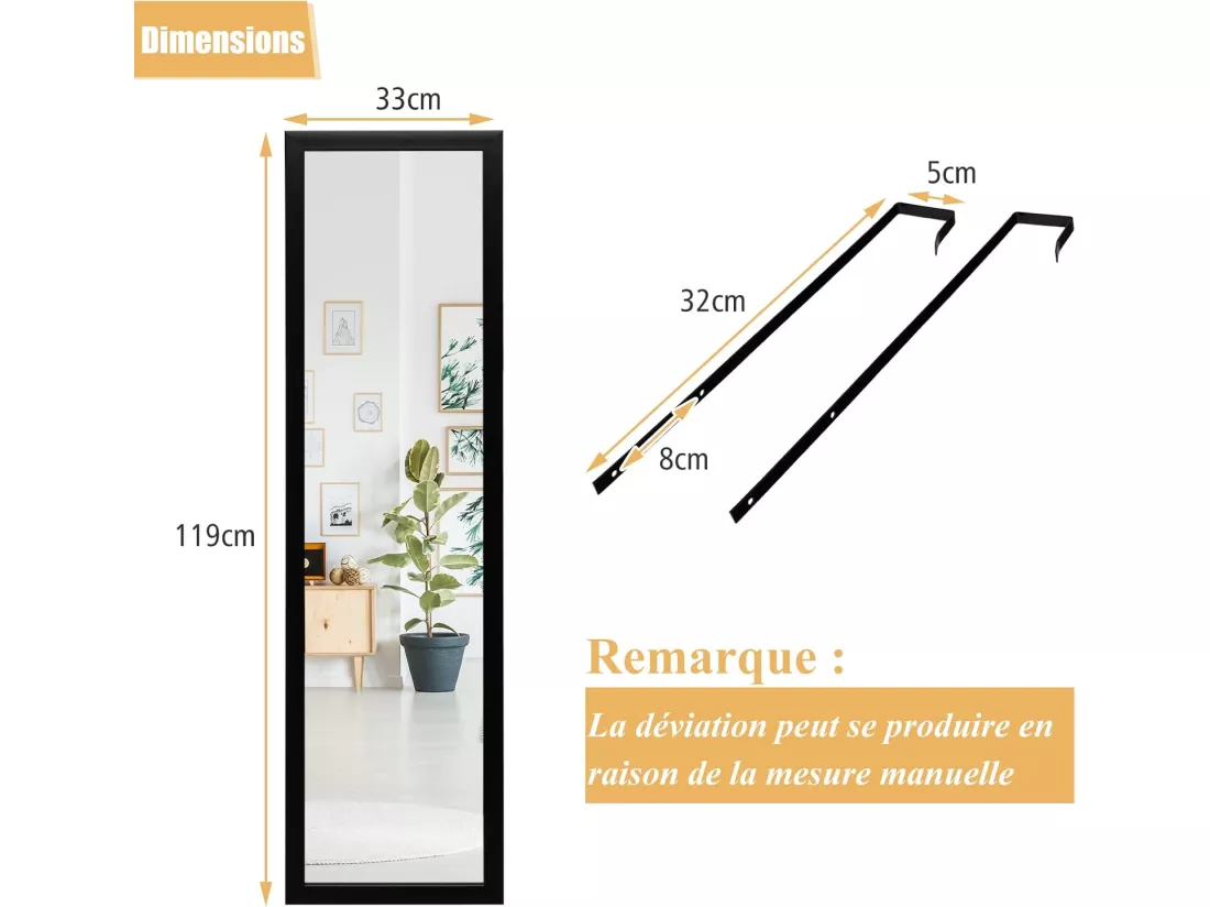 Miroir pleine longueur, 120 x 33 cm, crochets pour suspension porte ou mural, noir