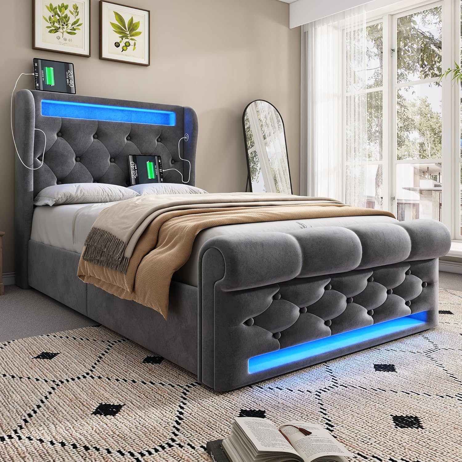 Polsterbett 90x200 cm, Einzelbett mit LED-Leuchten, Kopfteil mit USB- und Typ-C-Anschlüssen, Hydraulisches Stauraumbett, für Jugendliche und Erwachsene, Samt, Grau (Ohne Matratze)